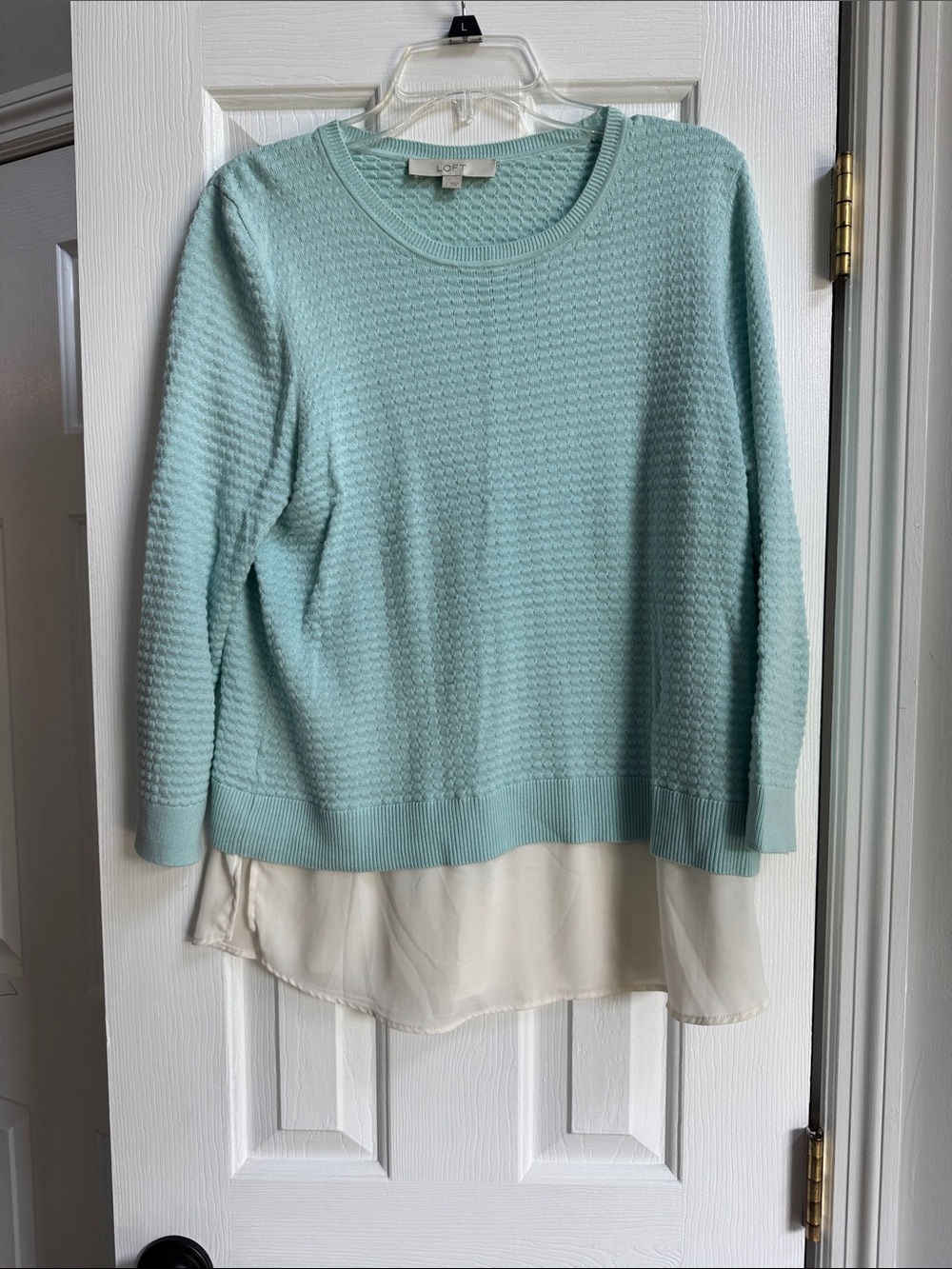 LOFT Mint Green Textured Sweater with Cream Layered Hem